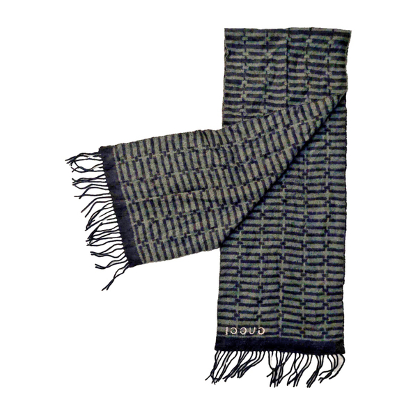 Gucci Black & Gray Embroidered Logo Geometric Weave Wool Scarf Pre-owned - Picture 3 of 16
